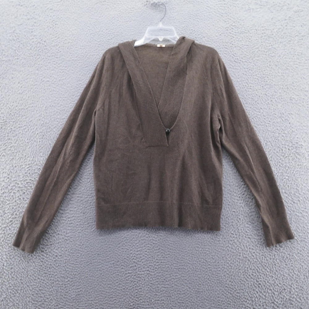 J.Crew‎ Womens Brown Wool Cashmere Blend Hooded V-Neck Sweater XL Y2K